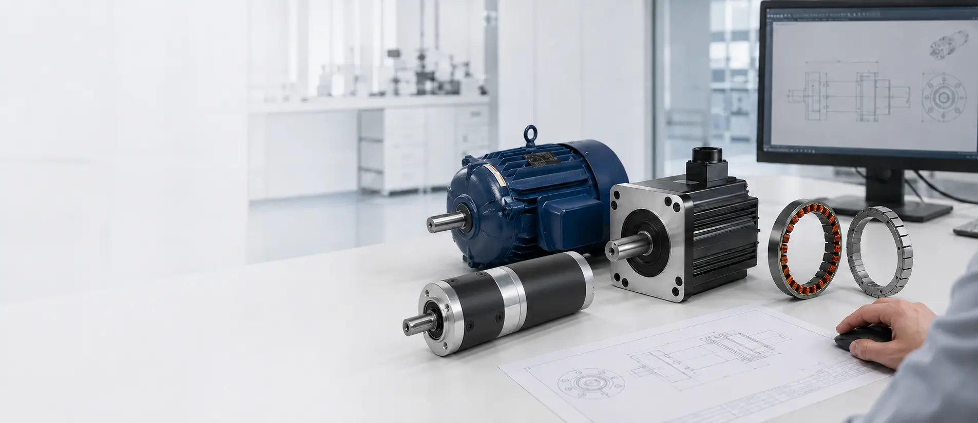 SDT industrial AC, brushless and planetary geared motors with frameless motor components, engineering drawings and product CAD in a development workspace