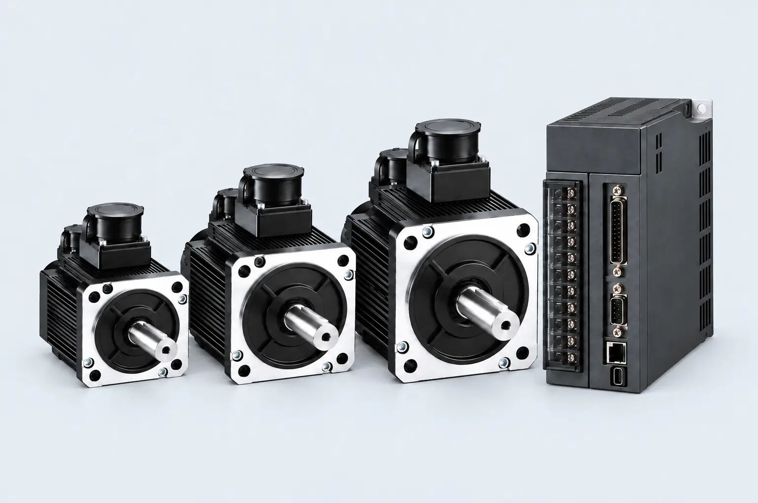 Three proportionally sized AS Series AC servomotors with a matched servo drive