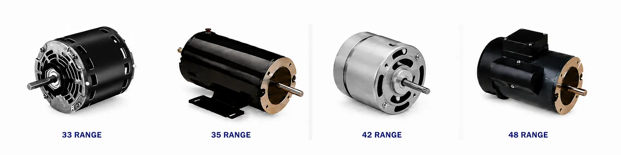 The 33, 35, 42 and 48 compact AC motor ranges aligned in a consistent product orientation and neutral industrial finish