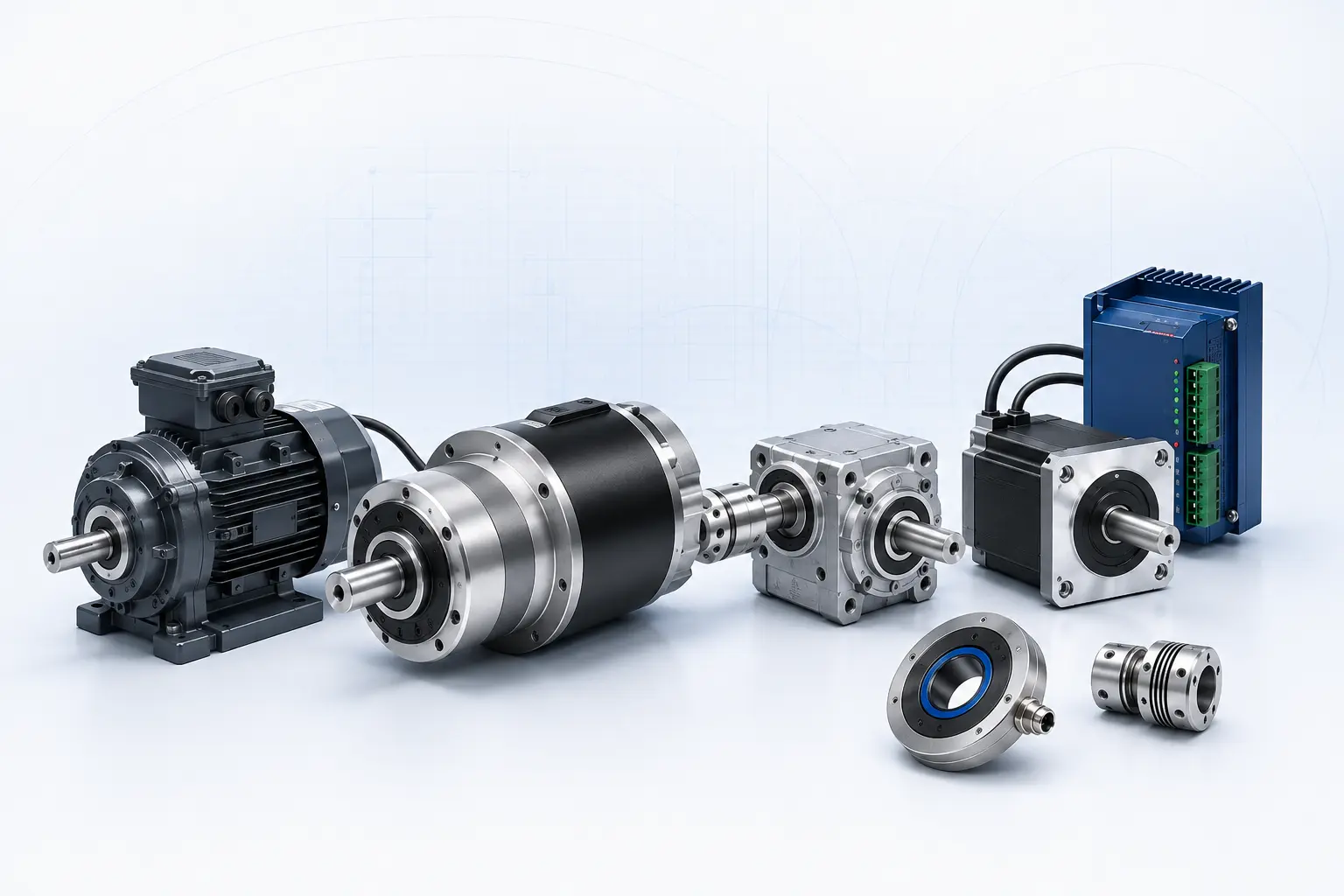Industrial motor gearbox stepper and matched drive technologies arranged as a coherent motion system